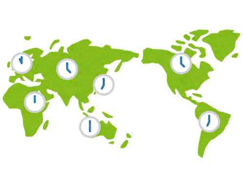 世界地図の上に、地域ごとに違う時刻を指す時計がいくつも置かれたイラスト